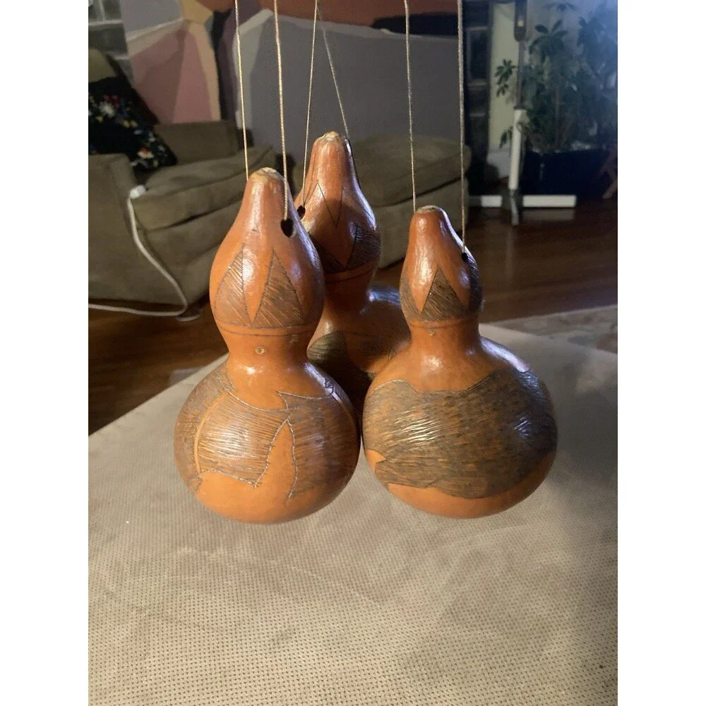 3 Peruvian Folk Art Hand Carved Gourd Ornaments Animal Etching Fish Horse Vintag